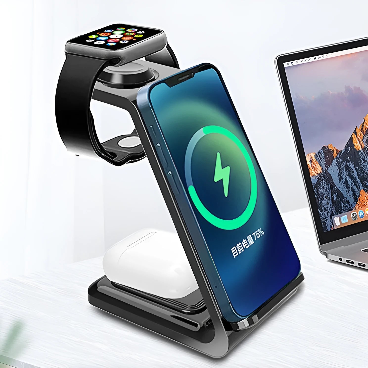 White upright wireless charging stand holding a mobile phone in landscape orientation.