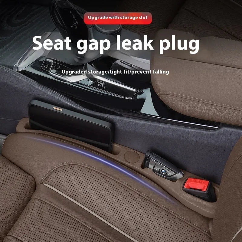 Car seat gap filler storage box with leak-proof plug strips in black, made from EVA, with roller and handle