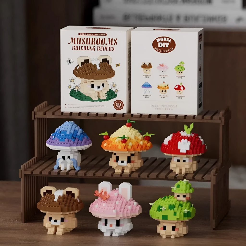 Mushroom micro particle building blocks cartoon doll ornaments, plastic small particle blocks, 6 colour options