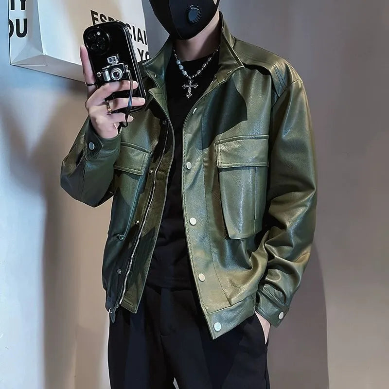Men's black Korean-style PU leather jacket with straight hem and side pockets for spring autumn wear
