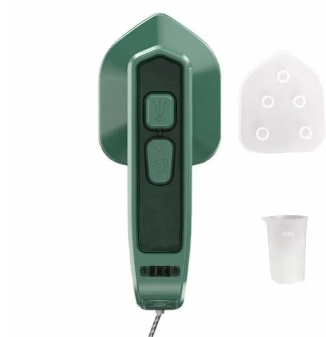 Dark green portable hanging ironing machine with ceramic panel and handheld design.