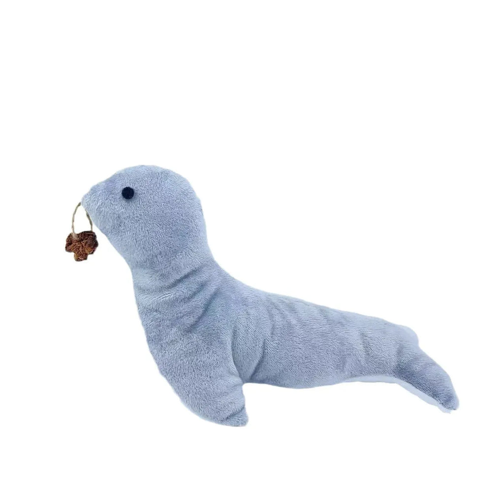 Blue sea lion plush cat toy with bell and catnip gall fruit for interactive play