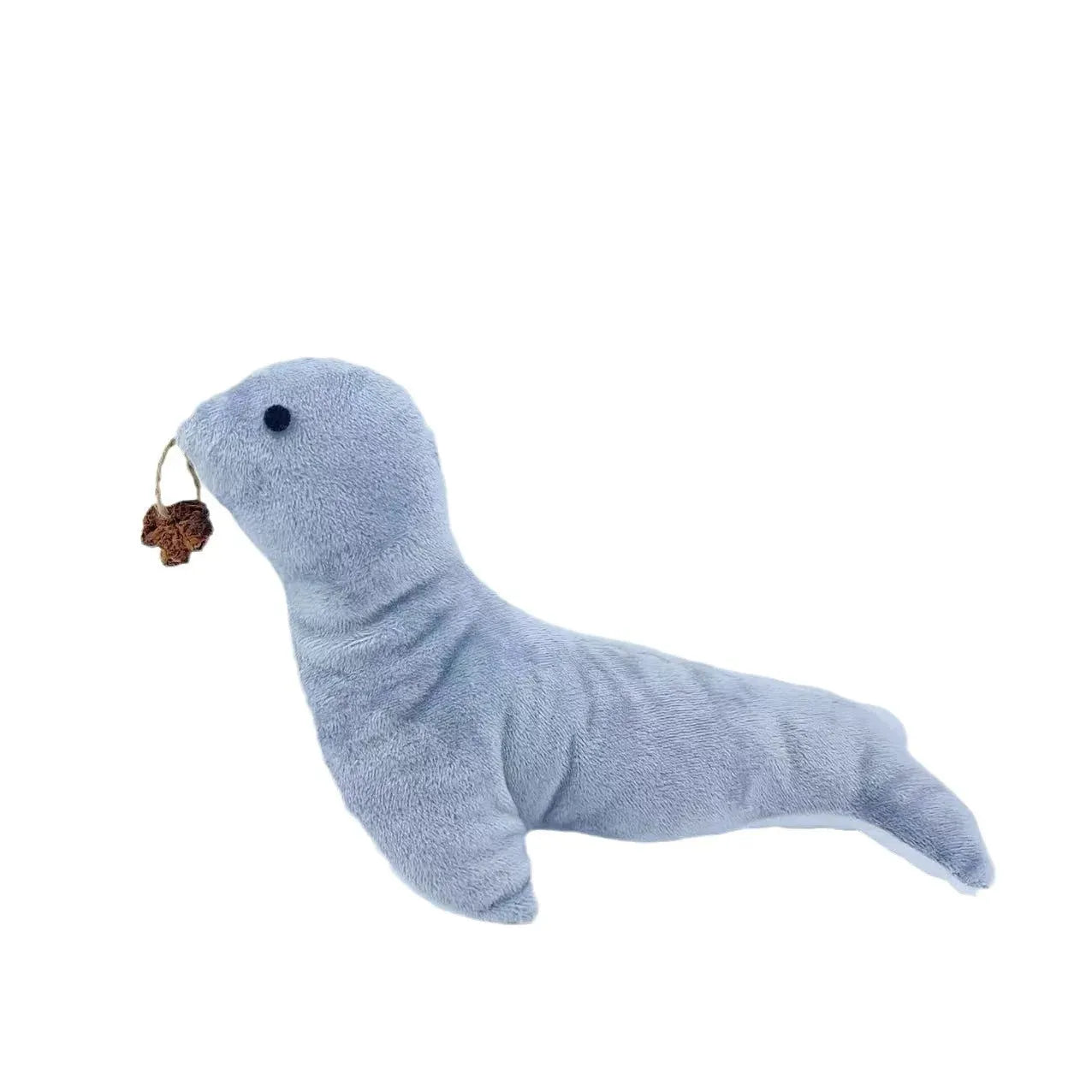 Blue sea lion plush cat toy with bell and catnip gall fruit for interactive play