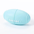 Blue silicone rugby ball dog chew toy with food dispensing holes