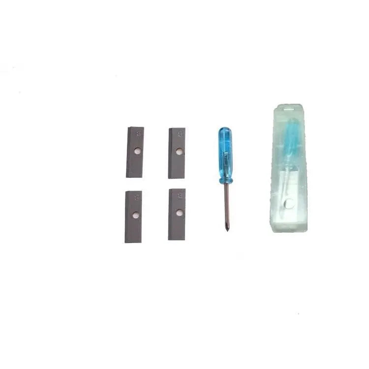 Geometric four-hole plastic pencil sharpener with spare blades and a screwdriver on a white background