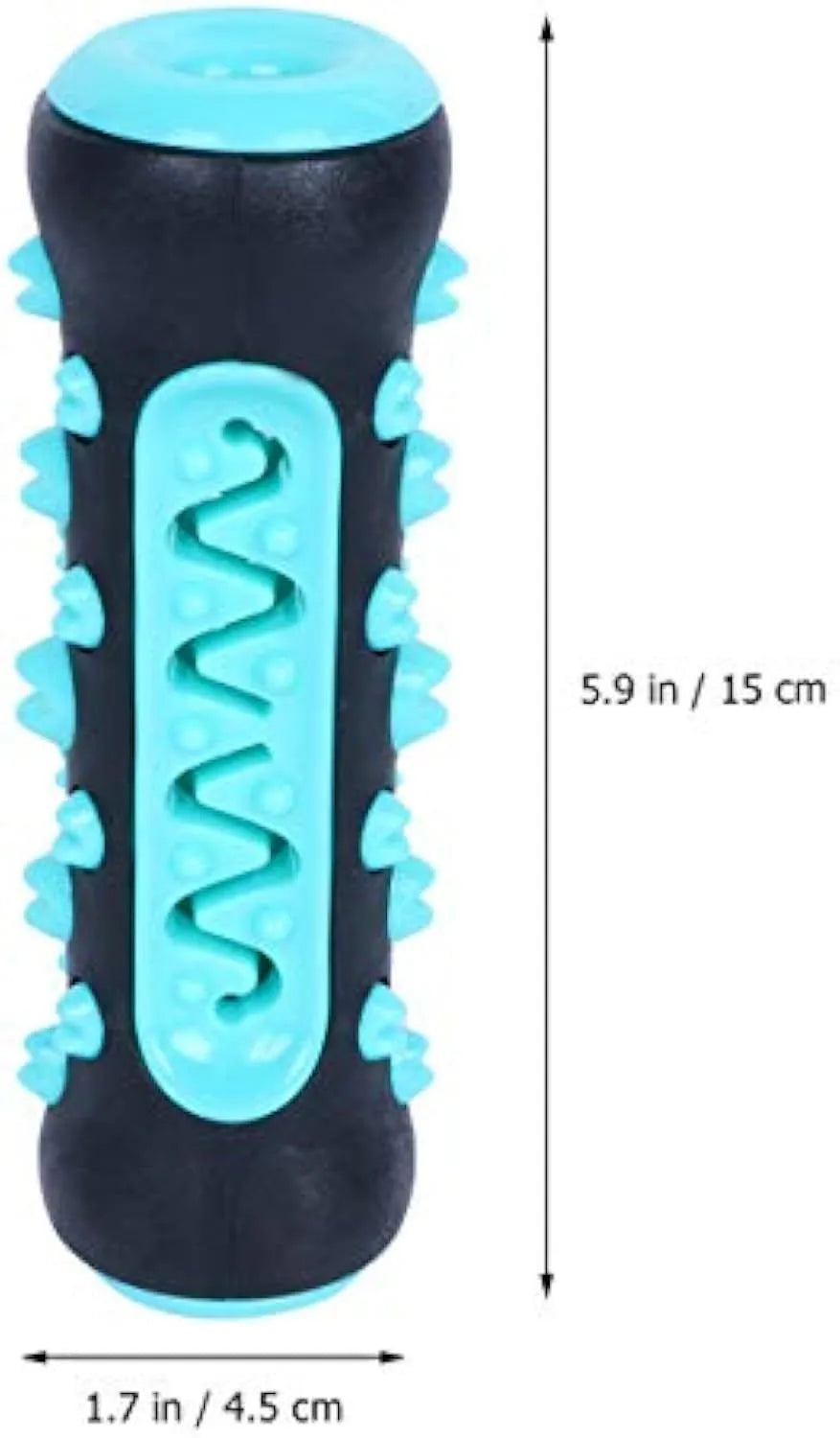 Natural rubber dog dental chew toy in blue, showing textured toothbrush design.