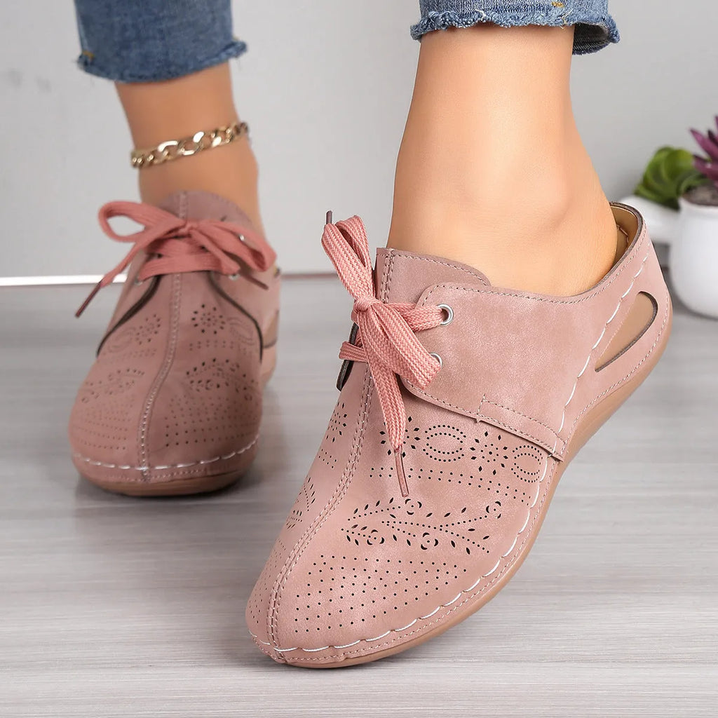 Women's lace-up wedge slippers with hollow-out design in suede upper and rubber sole