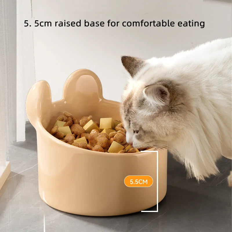 Ceramic pet feeding bowls with neck protection design in white rabbit and brown bear patterns