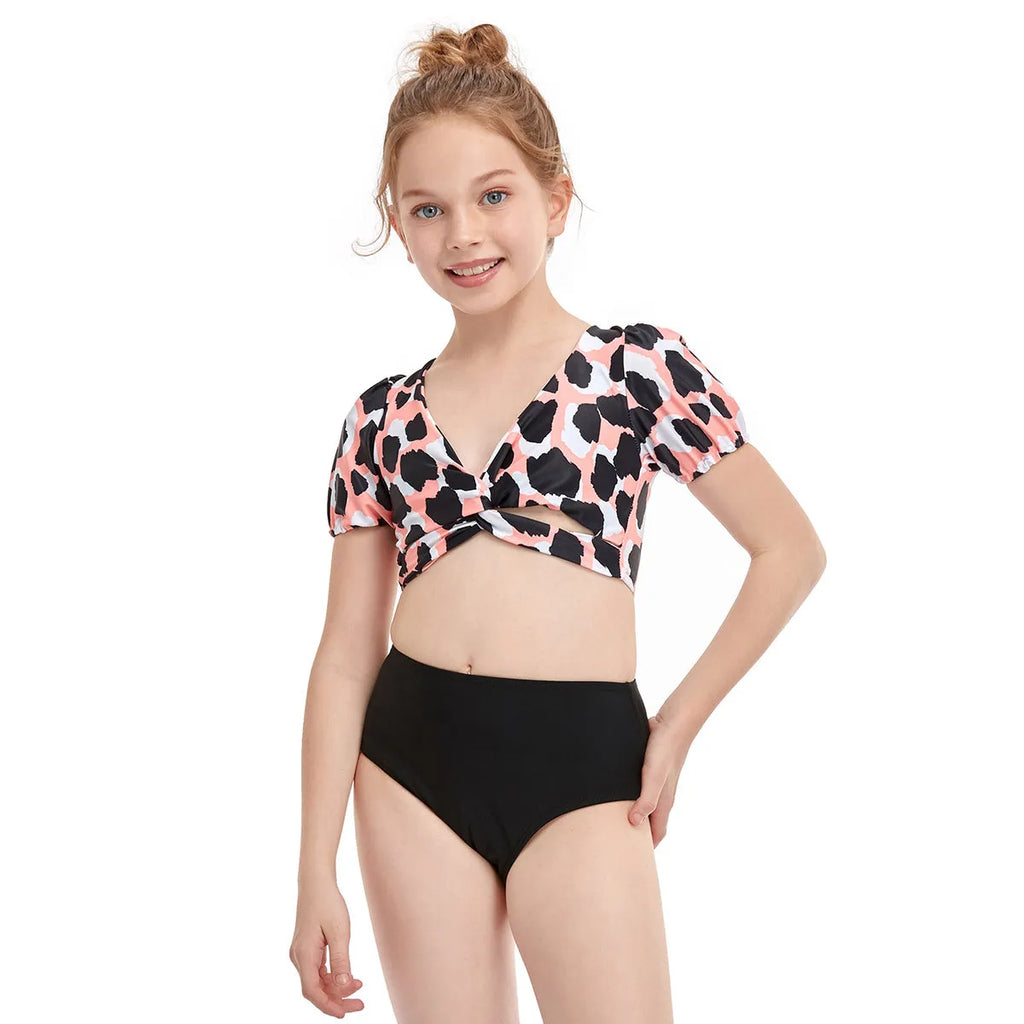 Parent-child swimwear in nylon with leopard print and solid colours, sizes 104-164cm for family matching