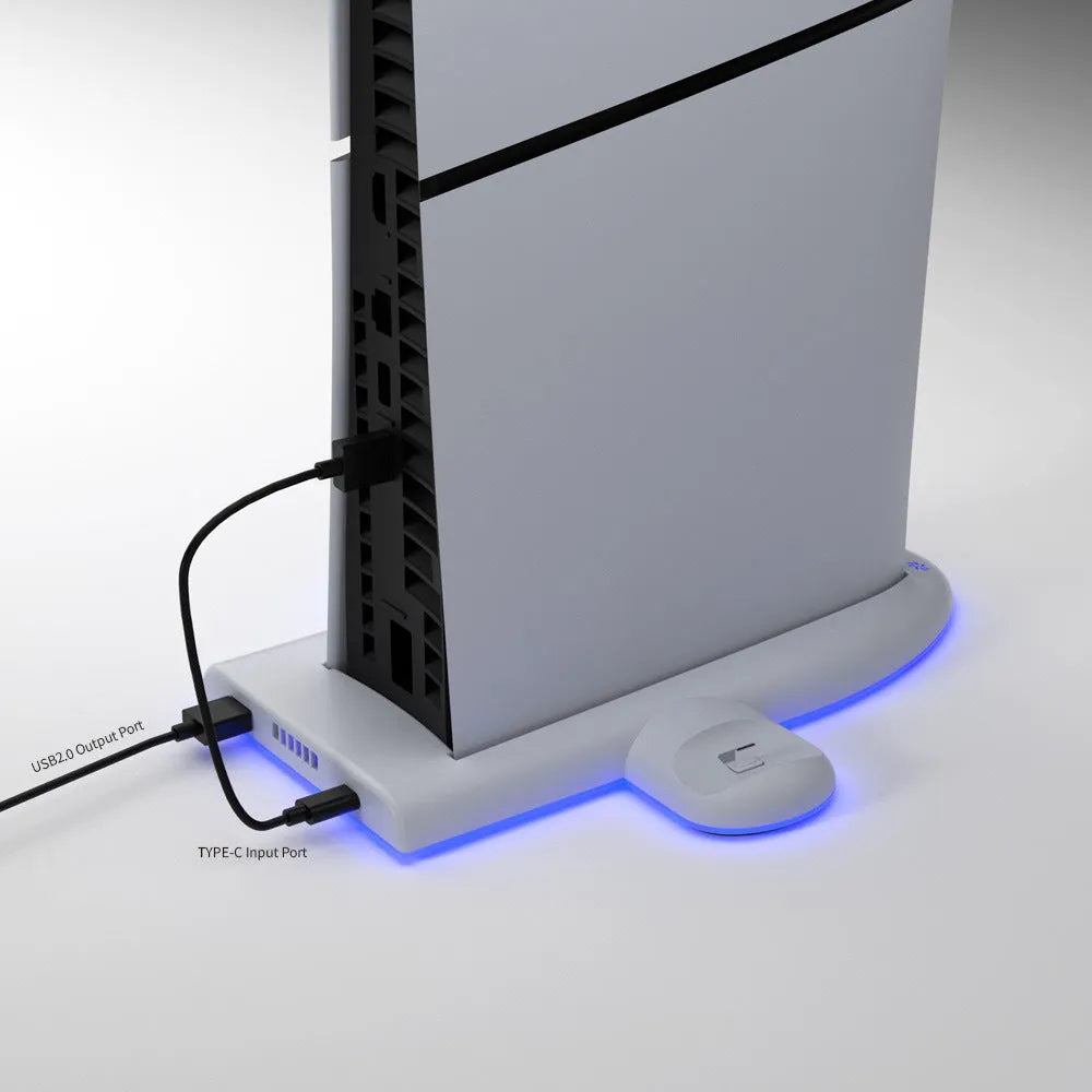 White PS5 charging station with RGB lights, cooling fan, and controller charging belt