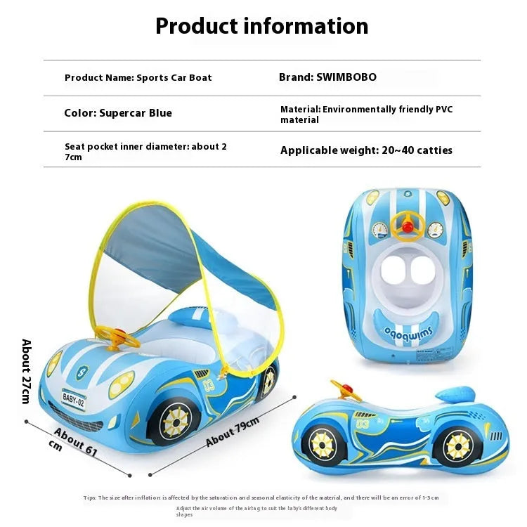 Pink inflatable car swimming ring for kids with a steering wheel, for pool and beach use.
