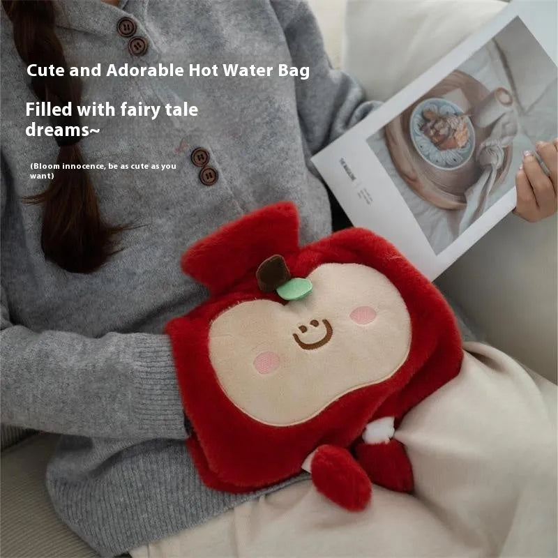 2000ml cartoon face hot water injection bag in apple red or apple green, high density PVC, size including packaging 2000ml