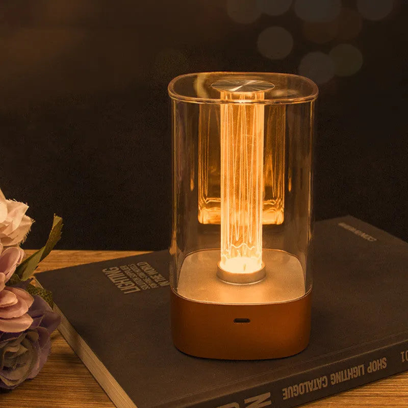 USB rechargeable LED touch atmosphere lamp in rose gold finish with abstract patterned shade