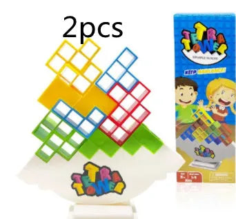 Plastic balance stacking game with colourful blocks on a chassis