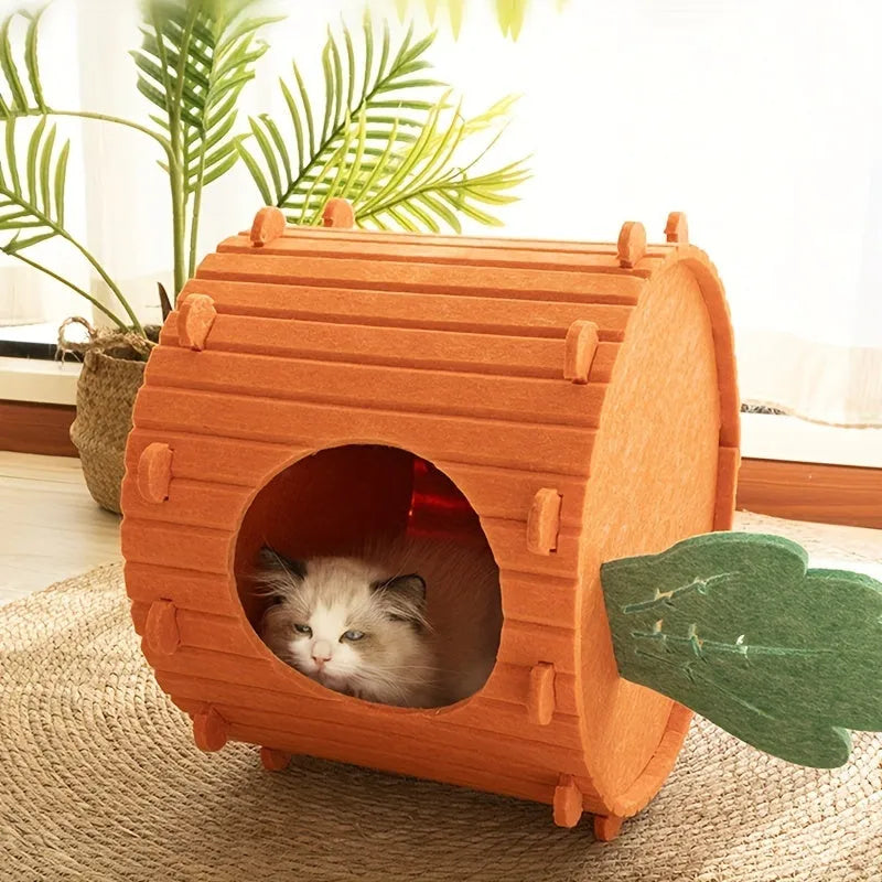 Orange carrot-shaped felt cat bed tunnel with entrance hole, shown in medium and large sizes.