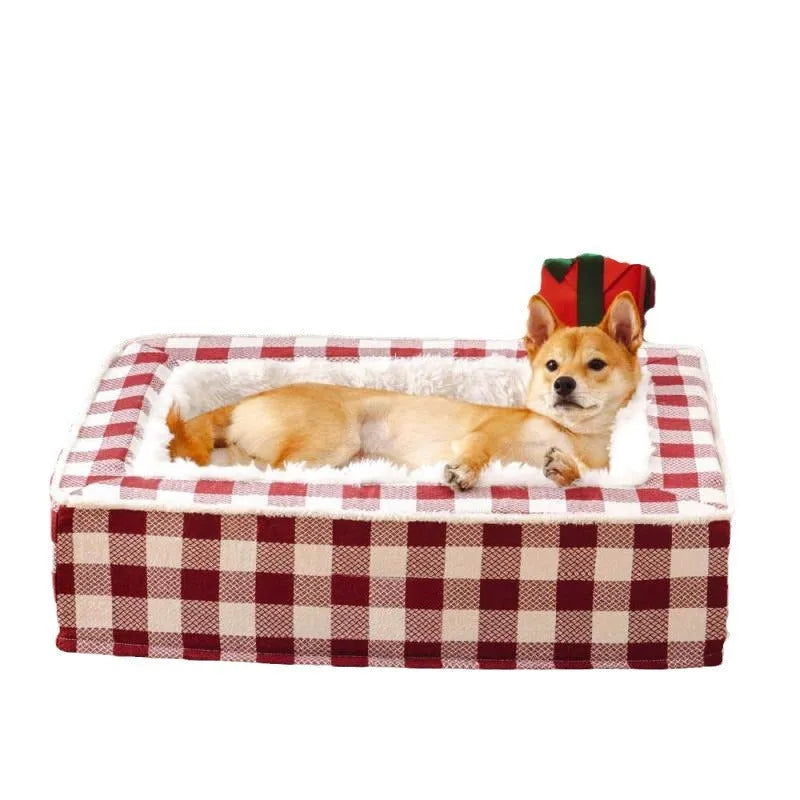 Classic plaid dog kennel bed with removable cover in red, blue, black, or brown.