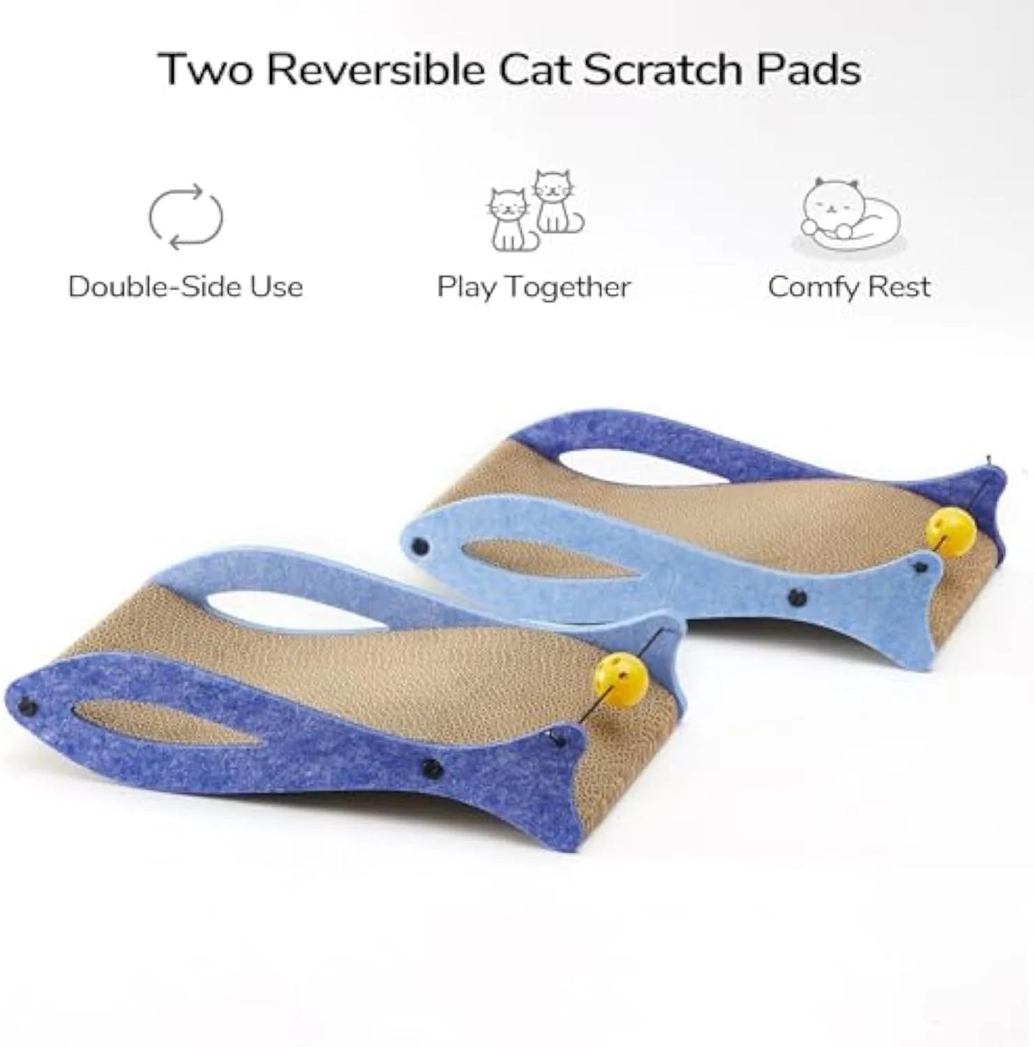 Blue fish-shaped cardboard cat scratcher with bell toys on elastic cord, measuring 46x25x10cm