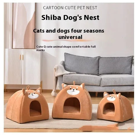 A cage-style cloth cat bed suitable for autumn and winter, shown in available S, M, and L sizes.