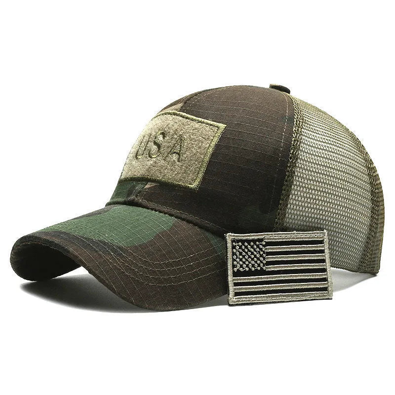 Tactical camouflage baseball cap with adjustable velcro strap and cotton dome crown