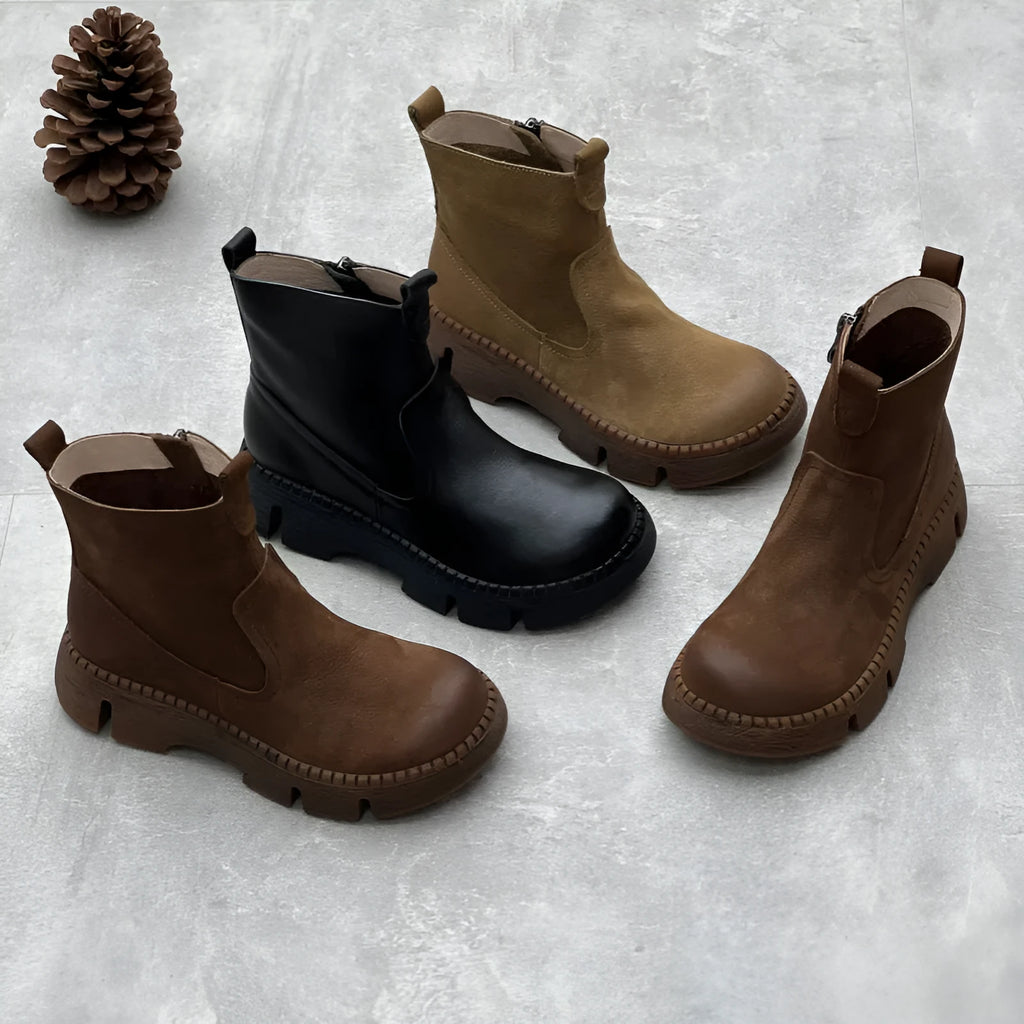 Women's round toe solid colour mid heel leather boots with side zipper in brown