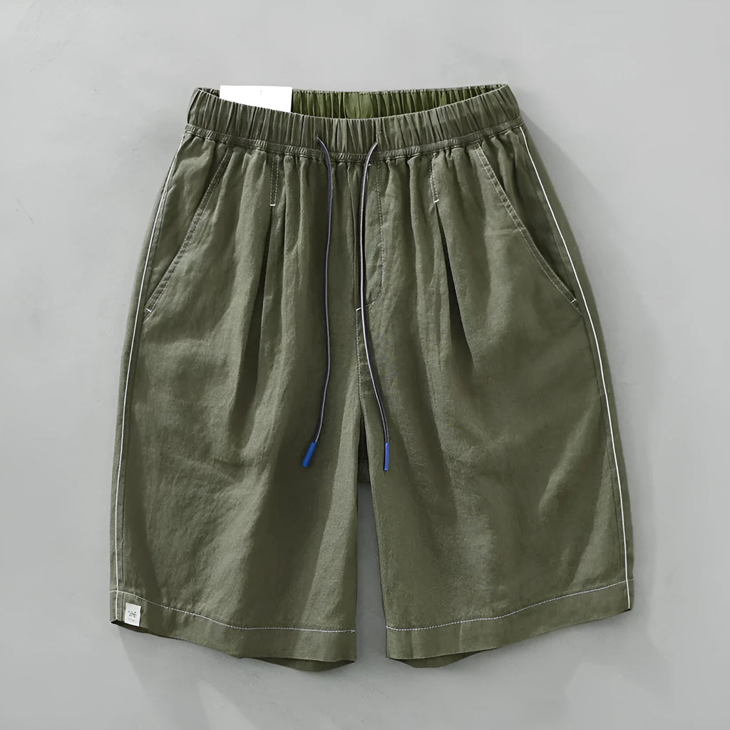Men's linen straight drooping shorts in black or green with drawstring waist for summer casual wear