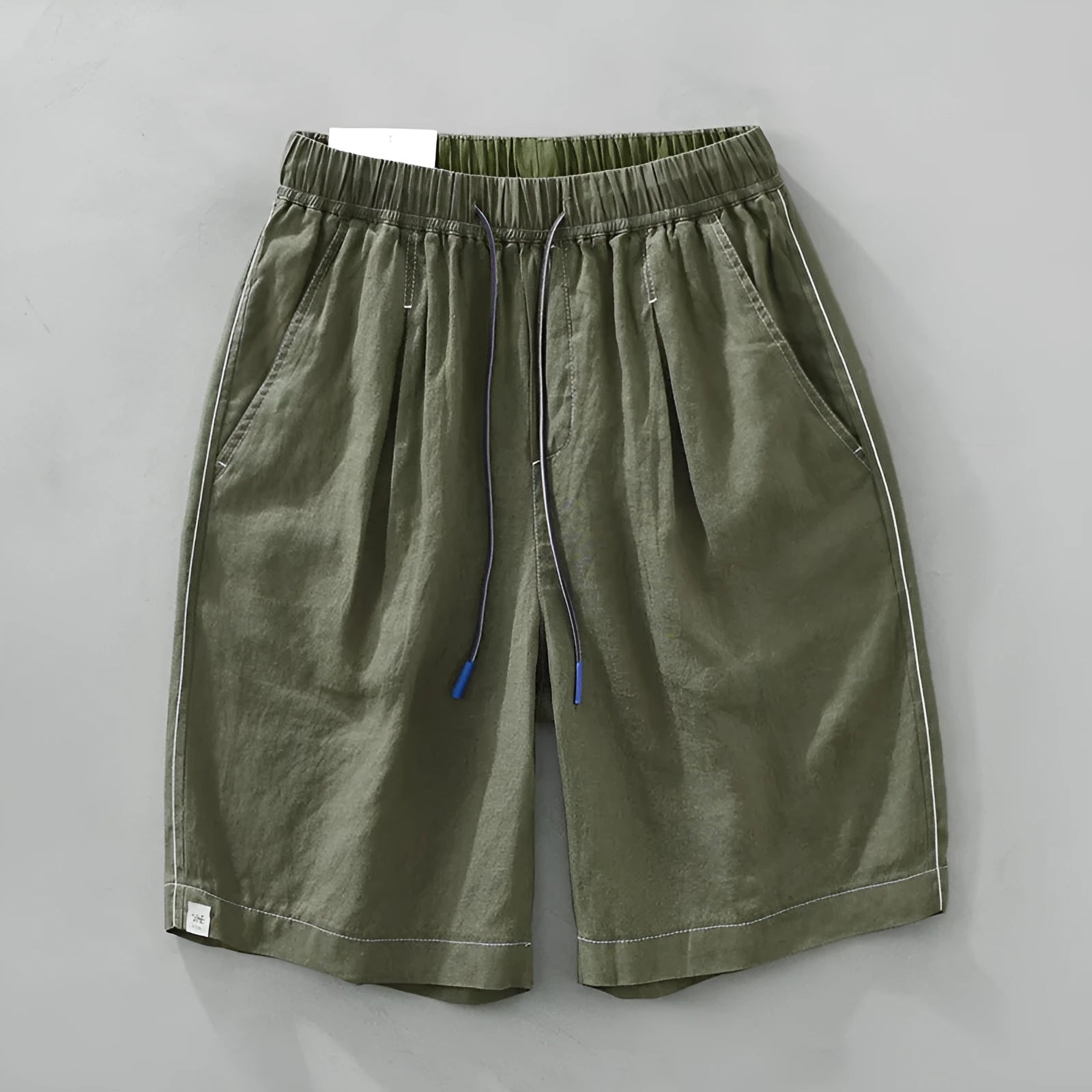 Men's linen straight drooping shorts in black or green with drawstring waist for summer casual wear
