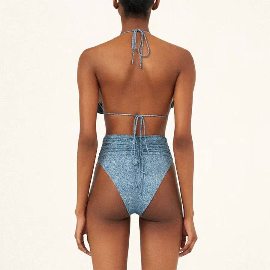 Women's one-shoulder cowboy style one-piece swimsuit in nylon fabric.