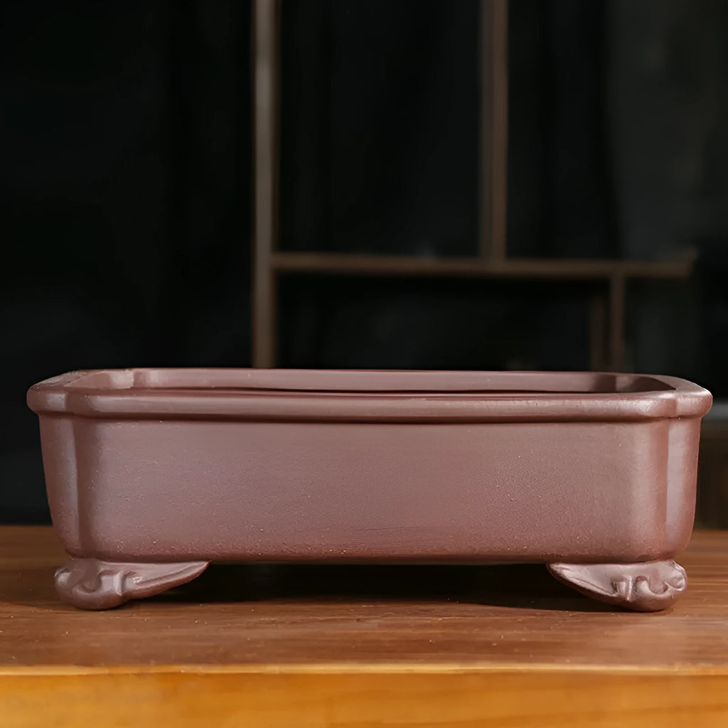 Rectangular antique-style purple sand flowerpot for bonsai, shown on a floor.