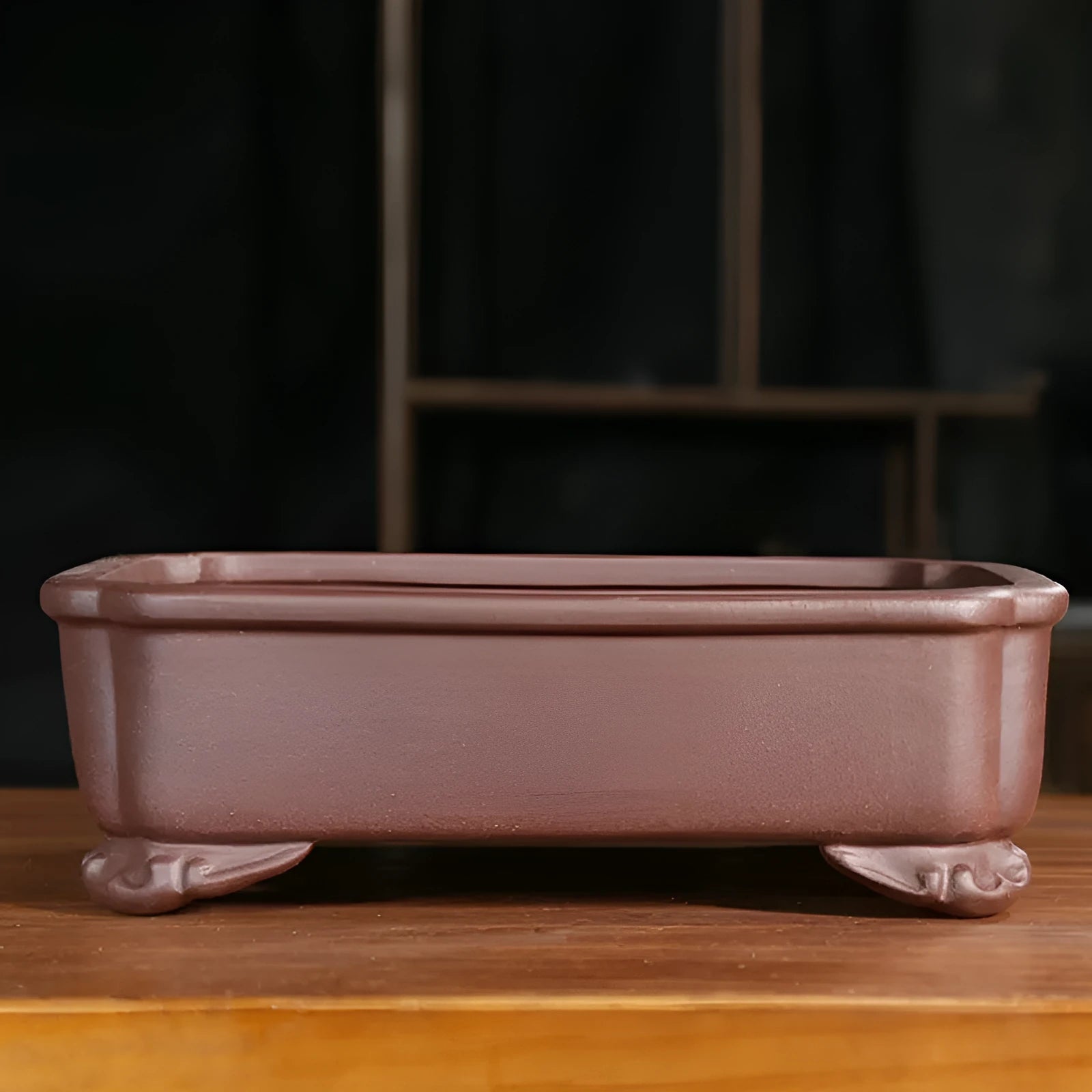 Rectangular antique-style purple sand flowerpot for bonsai, shown on a floor.
