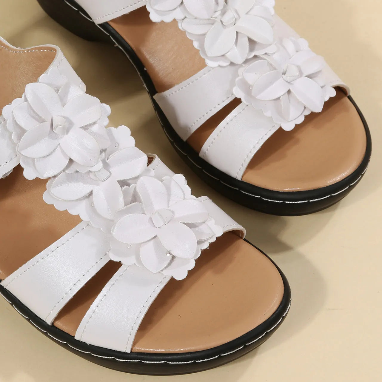Women's fish mouth velcro wedge sandals in white PU upper with adjustable strap