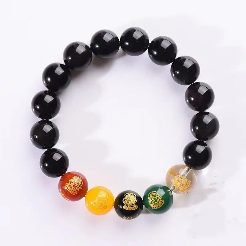 Men's five gods of wealth bracelet with rainbow eye obsidian beads in new Chinese style