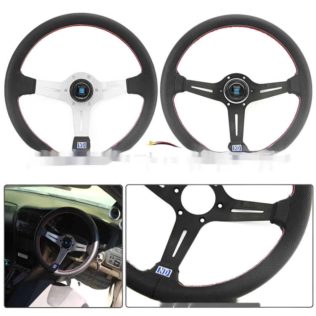 A leather-wrapped 14-inch car steering wheel with a middle concave design, shown with a silver skeleton frame.