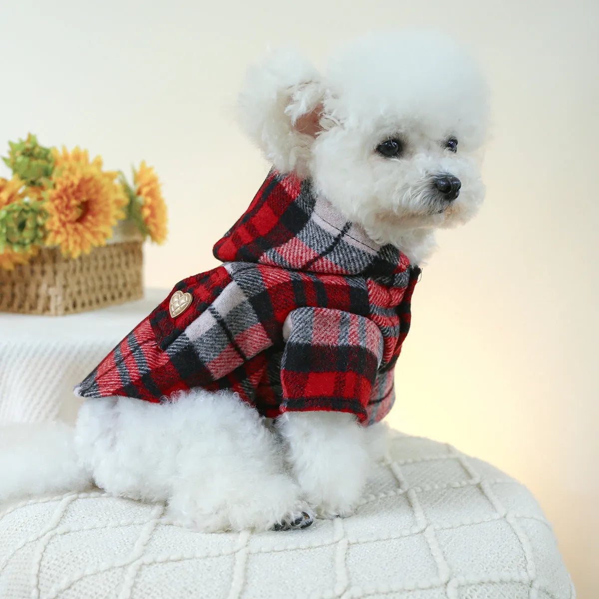 Red plaid dog trench coat shown alongside black houndstooth version, with size chart showing chest circumference measurements