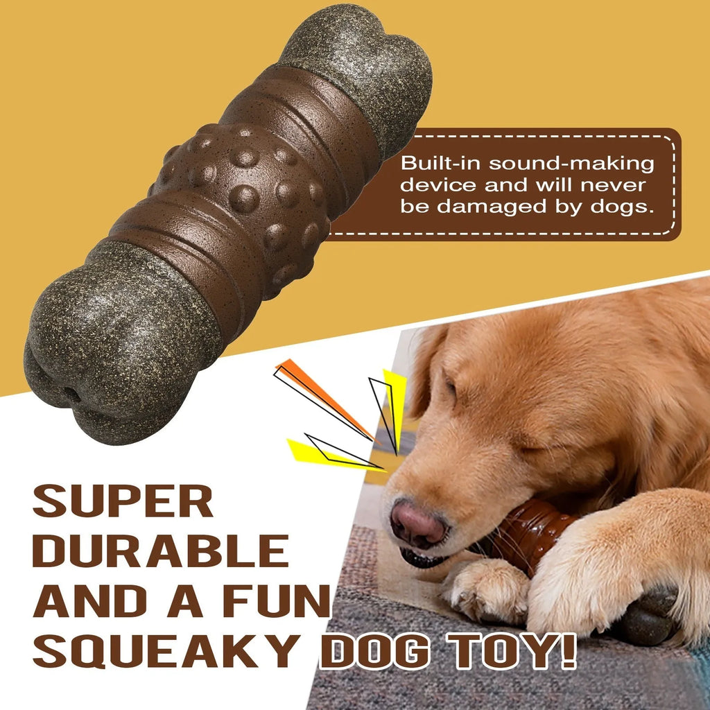 Wood coloured plastic dog bone toy with textured molar cleaning rods and a squeaker.