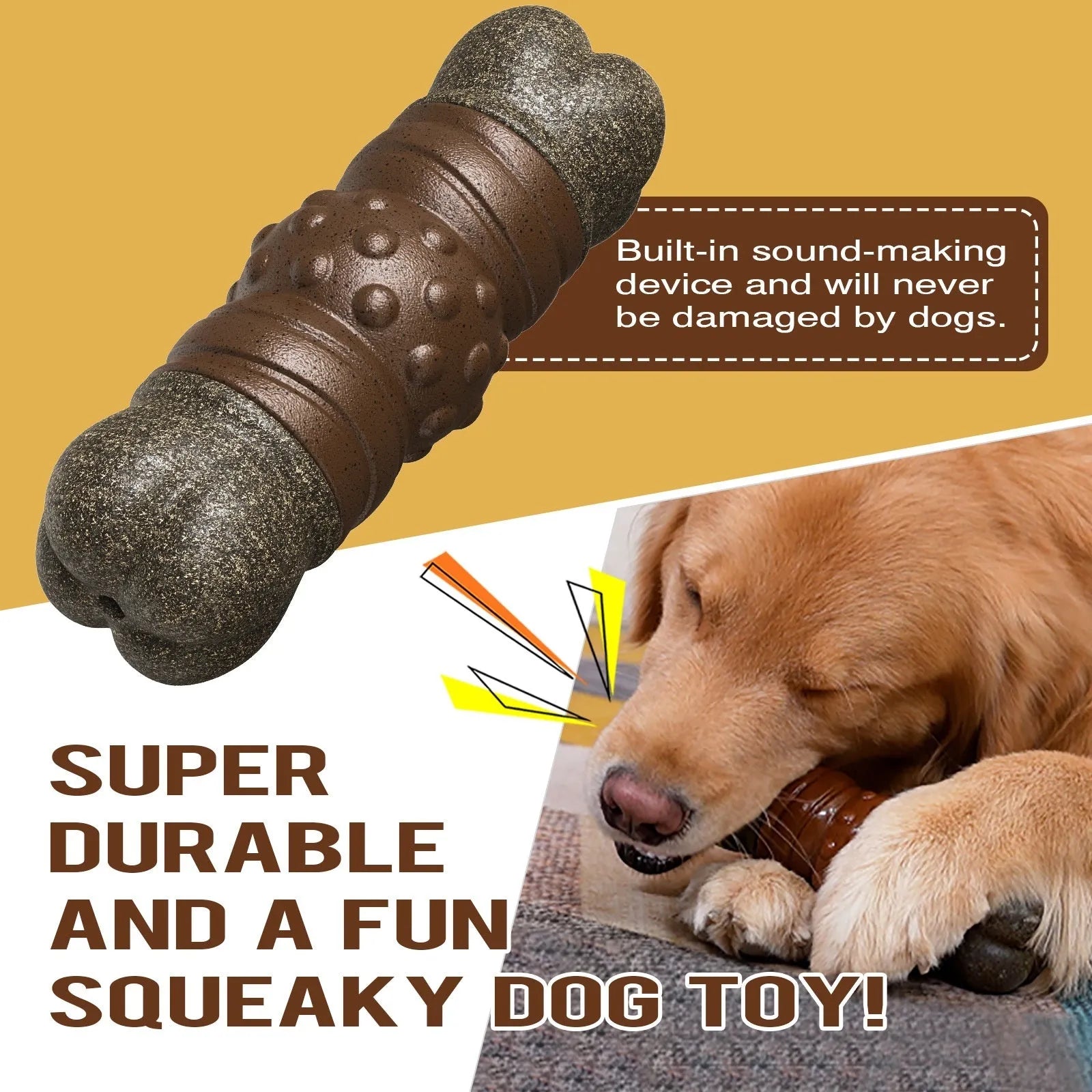 Wood coloured plastic dog bone toy with textured molar cleaning rods and a squeaker.