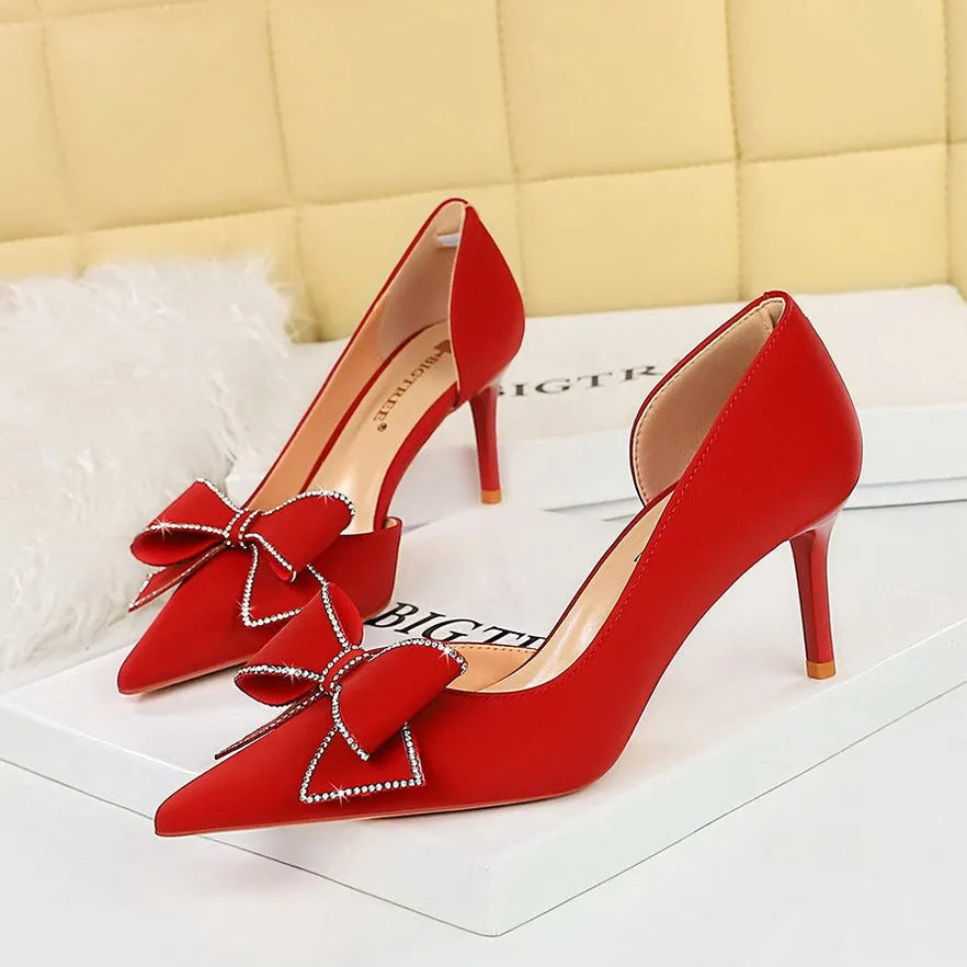 Women's stiletto high heels satin low-cut pointed toe side hollow rhinestone bow pump black formal