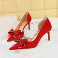 Women's stiletto high heels satin low-cut pointed toe side hollow rhinestone bow pump black formal