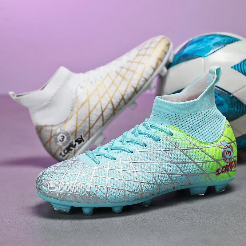 Soccer shoes with long and short spikes, rubber sole, high-top design, in black colour