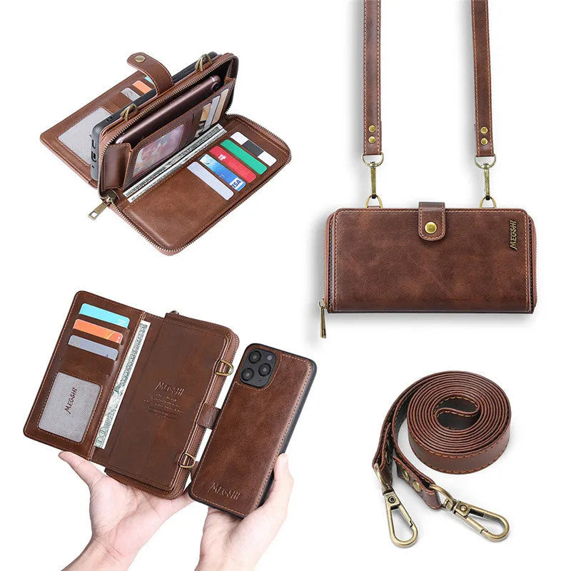 Black detachable wallet backpack phone case for iPhone and Samsung Galaxy models on a table.