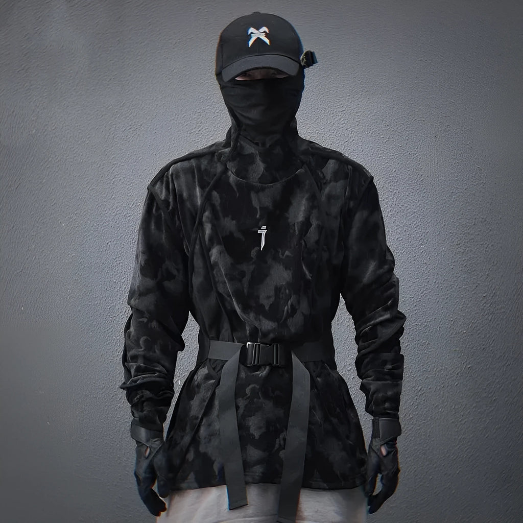 Men's black and grey tie-dye printed pullover sweater with drop-shoulder sleeves and loose casual fit