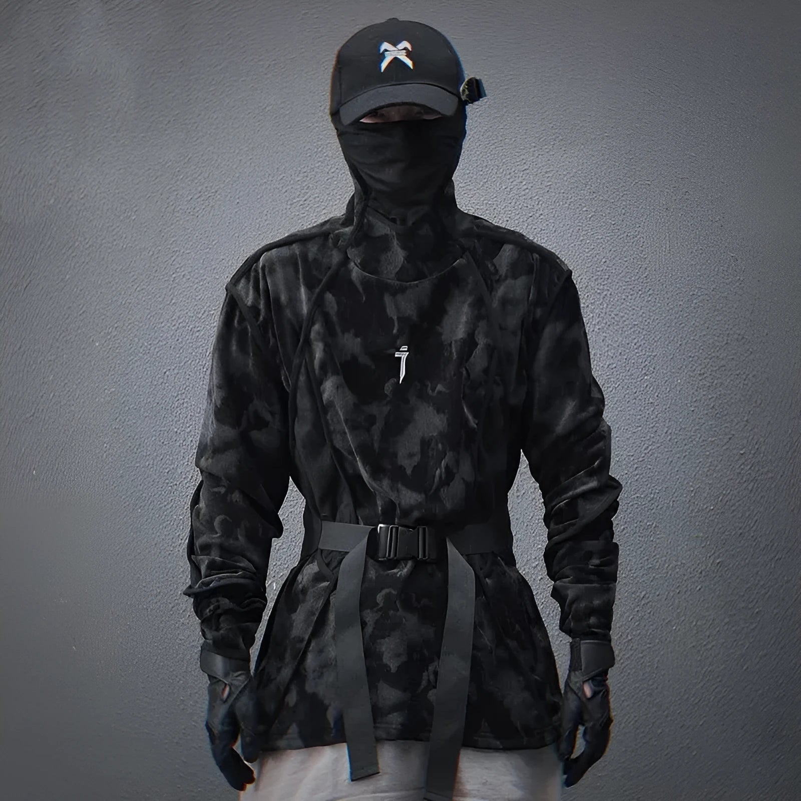 Men's black and grey tie-dye printed pullover sweater with drop-shoulder sleeves and loose casual fit