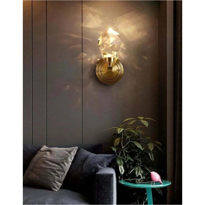 Copper modern villa art rotating light luxury crystal wall lamp with 11.5cm length 20cm height