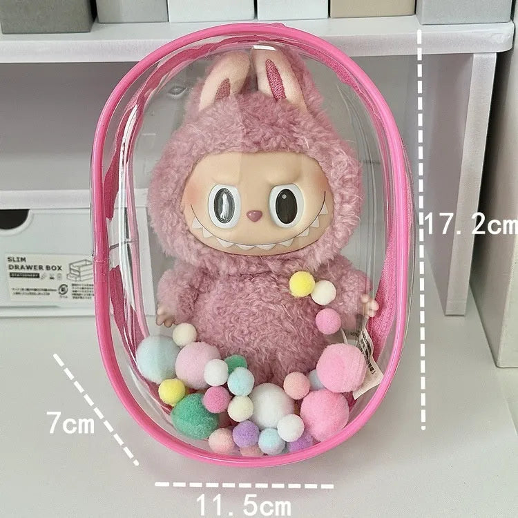 Clear PVC cube storage bag 17cm with keychain in avocado green colour for dolls.