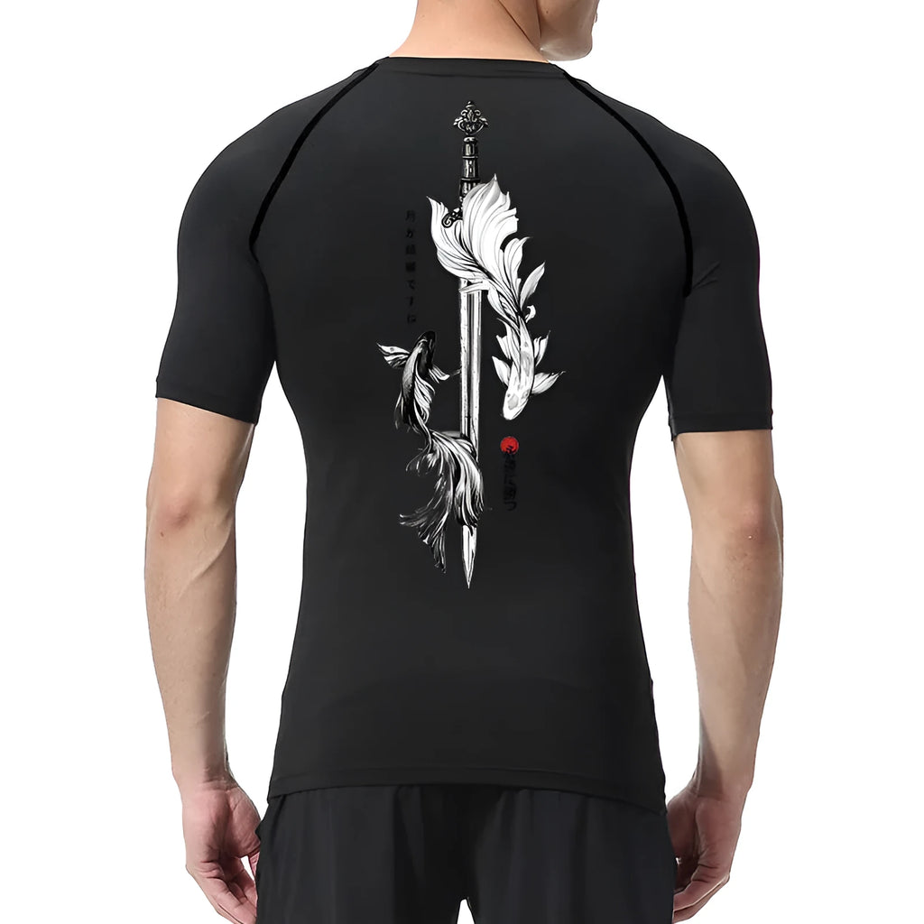 Man wearing a loose-fit short sleeve black shirt with a large white sword graphic print on the front.