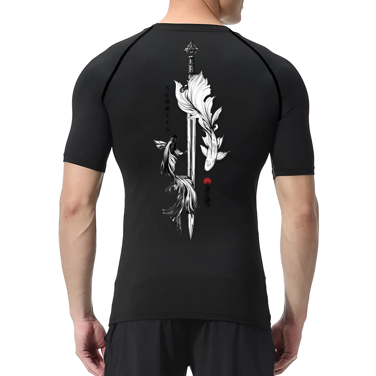 Man wearing a loose-fit short sleeve black shirt with a large white sword graphic print on the front.