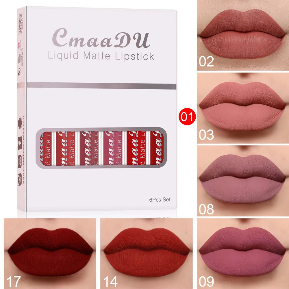 Set of six boxes containing matte finish, waterproof lip gloss tubes in styles A to F.