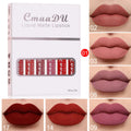 Set of six boxes containing matte finish, waterproof lip gloss tubes in styles A to F.