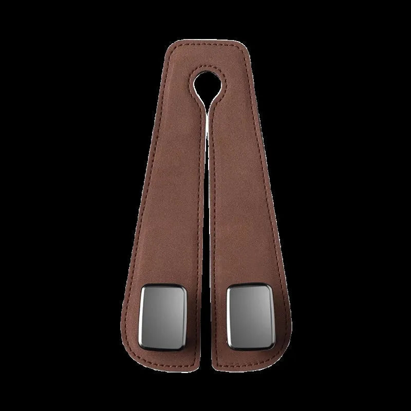 Car seat hook with flip-up mechanism in suede covering, shown in black colour