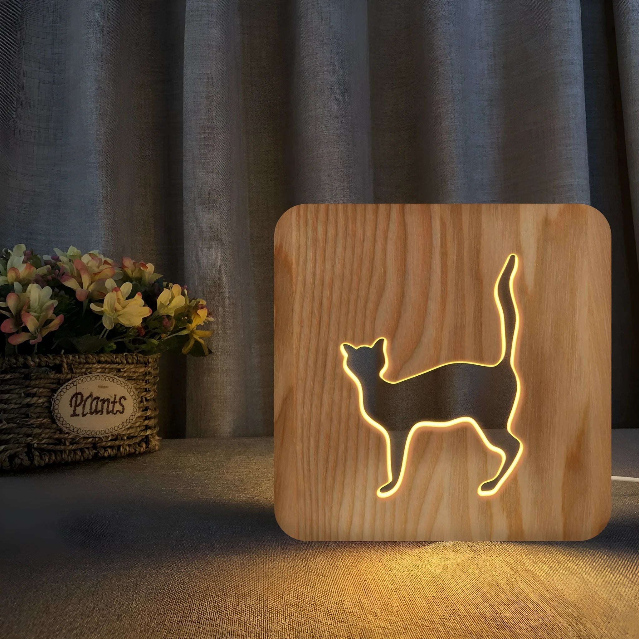 Solid wood 3D cat silhouette night light with hollow design and USB power cable