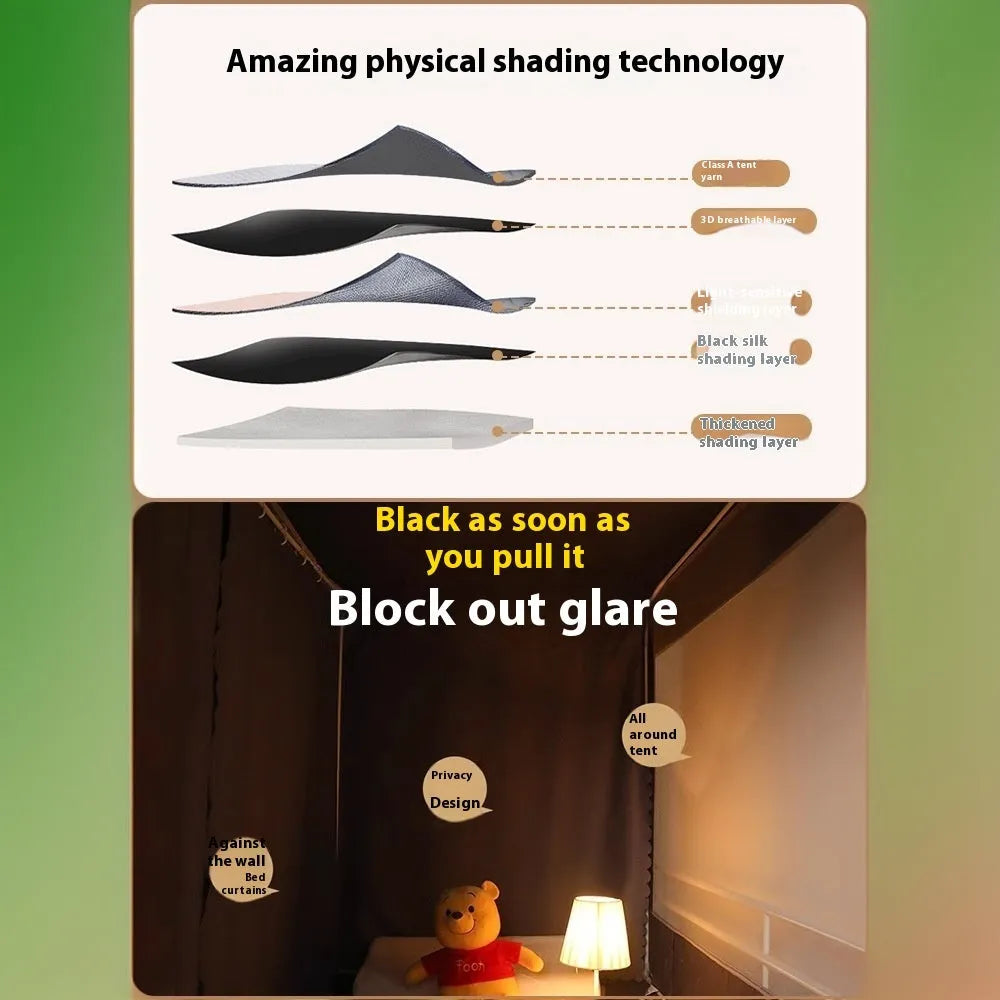 Grey integrated bed curtain and mosquito net with strong light blocking for 0.9 metre beds